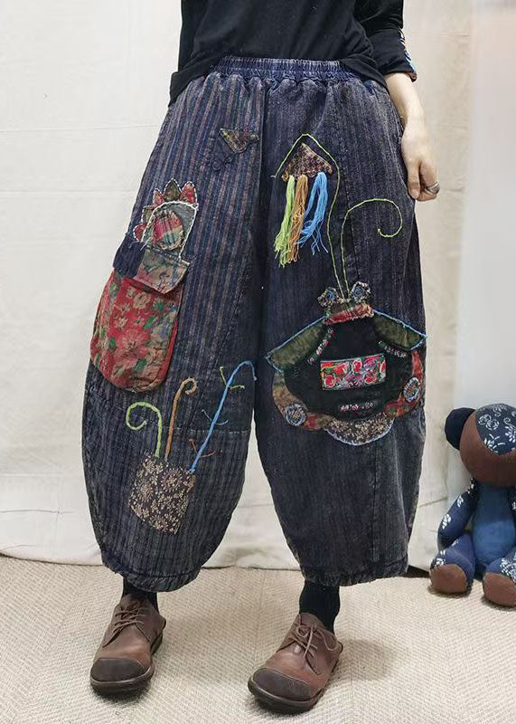 Blue Embroidered Patchwork Fine Cotton Filled Pants Winter