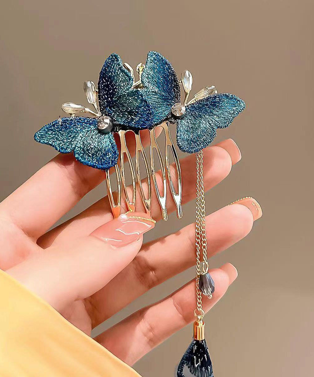 Diy Royal Blue Alloy Butterfly Zircon Tassel Hairpin