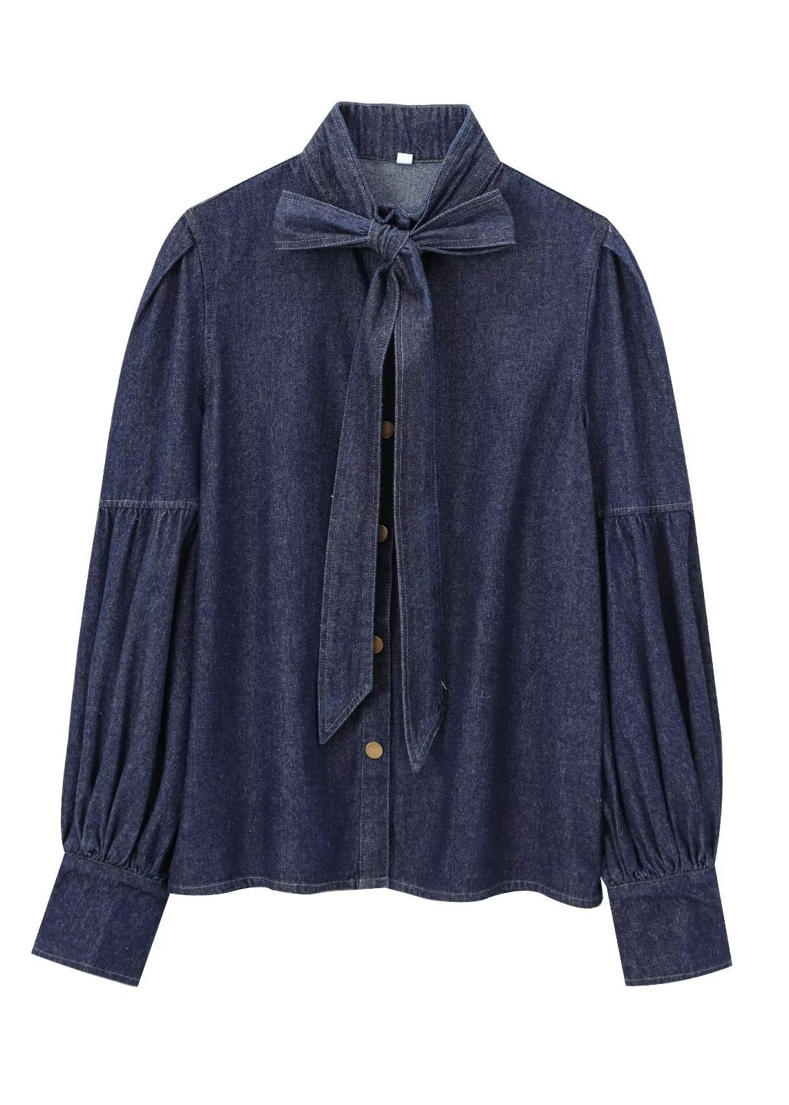 Natural Dark Blue Stand Collar Bow Patchwork Denim Shirt Spring