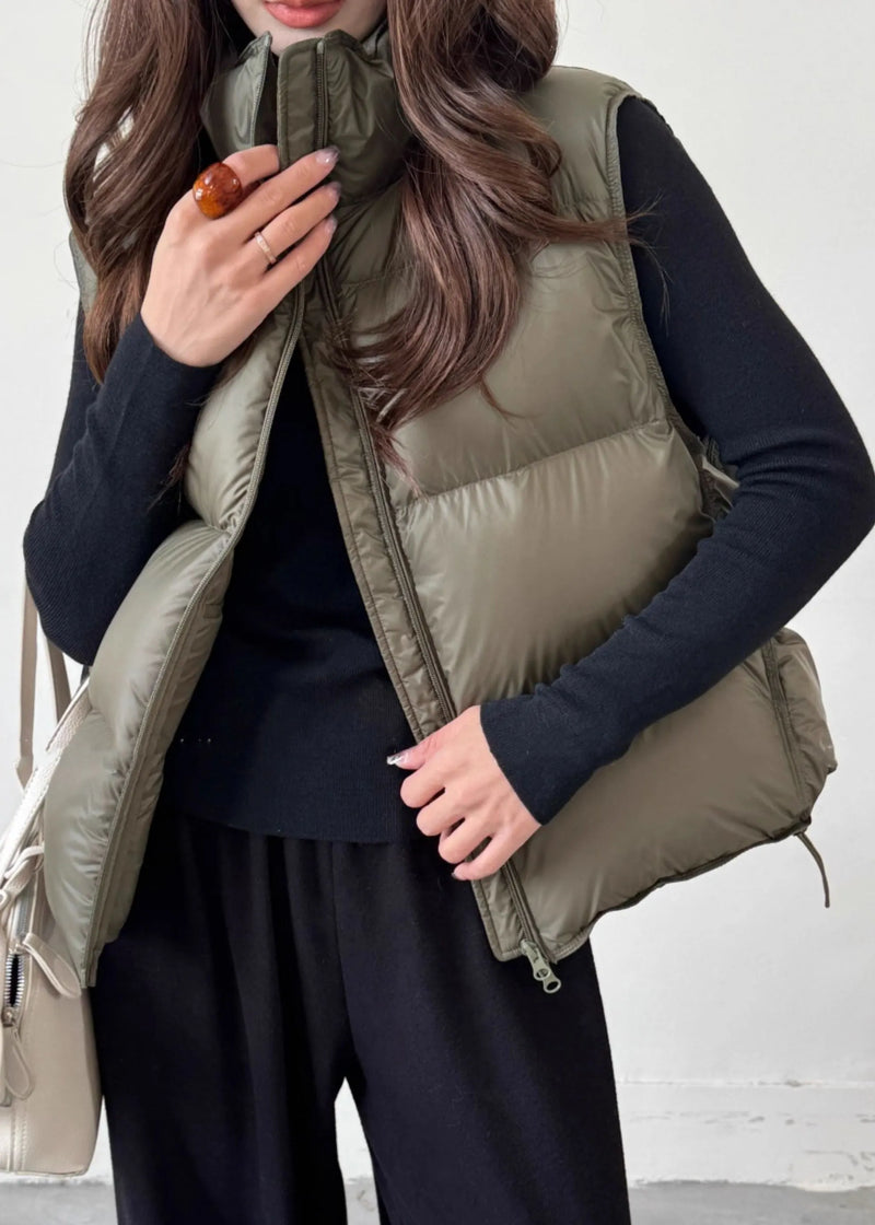 Loose Army Green Zip Up Srawstring Duck Down Waistcoat Winter