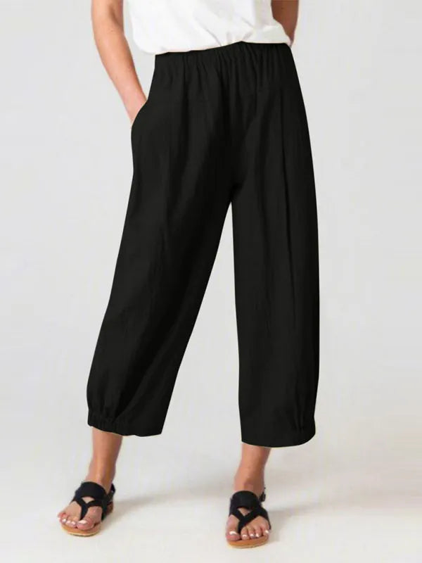 Loose Harem Pants High Waist Cotton Linen Cropped Pants Wide Leg Pants