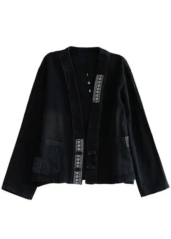 Black Embroidered Pockets Button Patchwork Fall Denim Coat