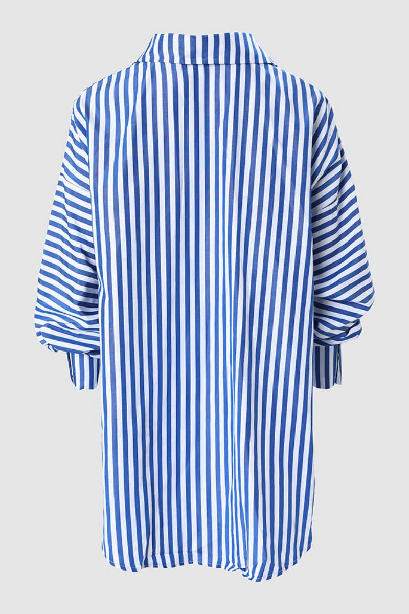 Striped Print Patchwork Asymmetrical Shirt Collar Tops