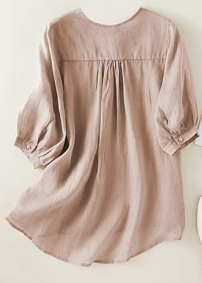 Diy Orange V Neck Embroidered Low High Design Linen Top Half Sleeve