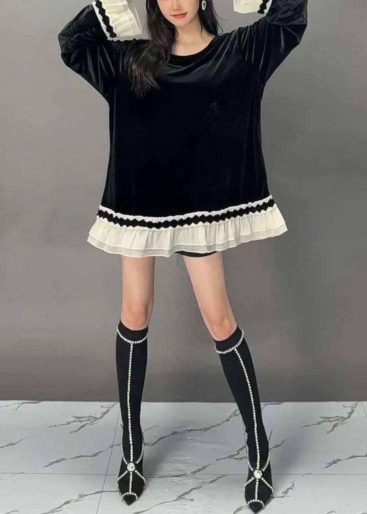 New Black O-neck Patchwork Silk Velour Tops Flare Sleeve