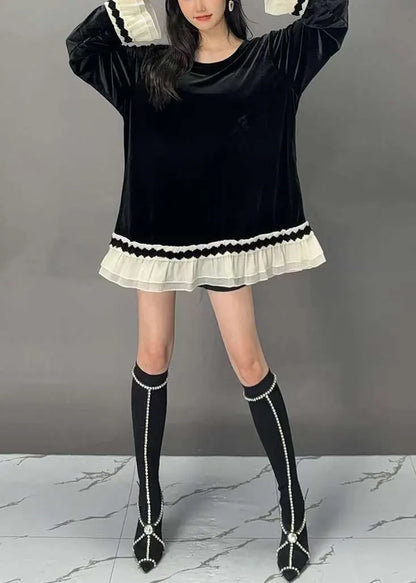 New Black O-neck Patchwork Silk Velour Tops Flare Sleeve