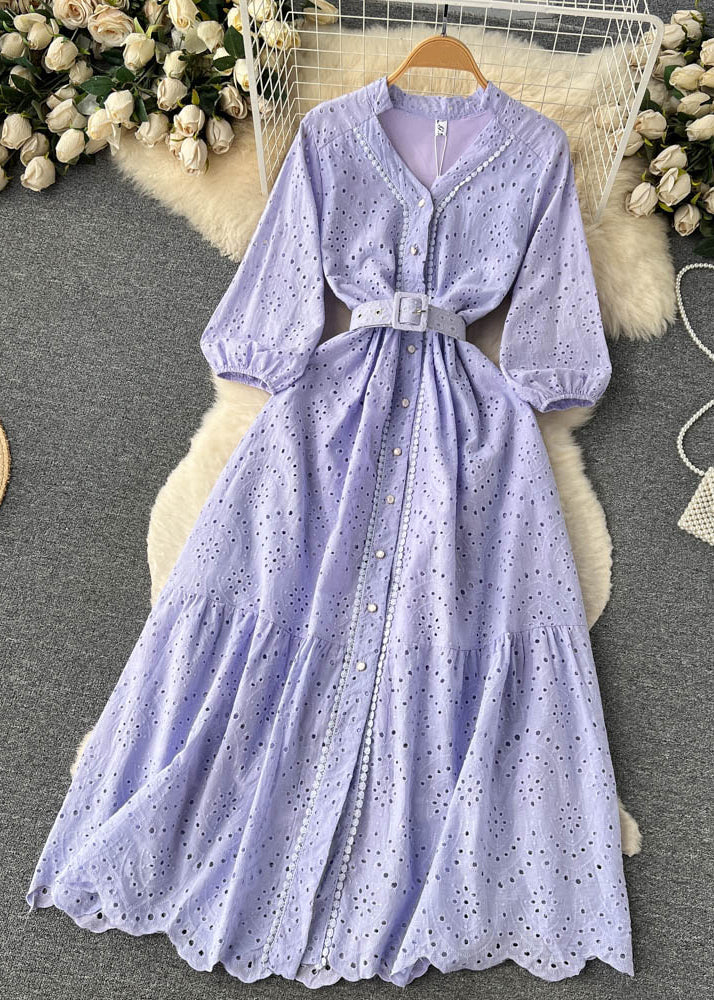 Purple Button Hollow Out Cotton Shirts Dress Long Sleeve