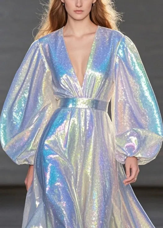 Silvery Silm Fit Holiday Dress Exra Large Hem Puff Sleeve