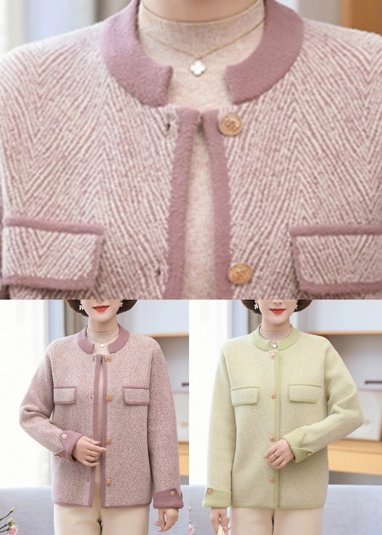 Light Green O-neck Button Mink Hair Knitted Cardigans Fall
