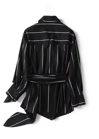 Black Peter Pan Collar Striped Lace Up Linen Tops Fall