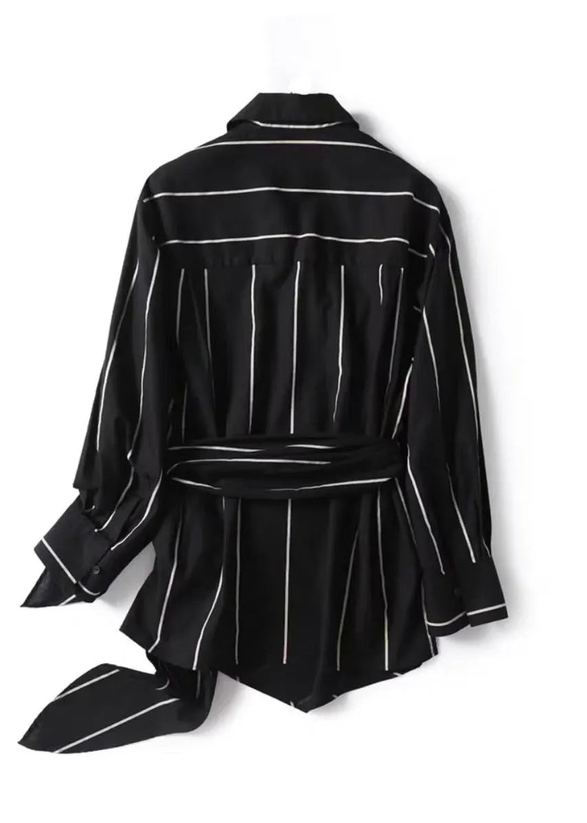 Black Peter Pan Collar Striped Lace Up Linen Tops Fall