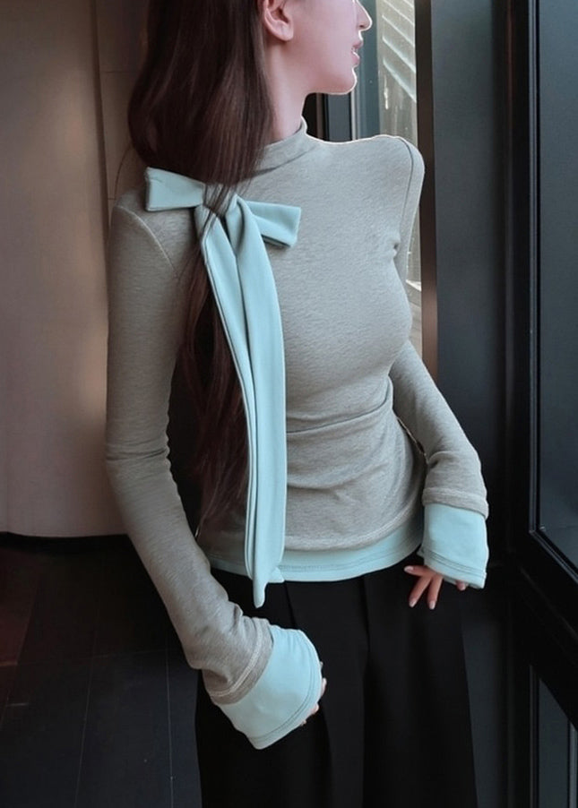 Grey Bow Patchwork Slim Fit Cotton T Shirts Fall