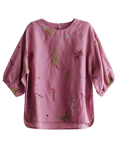 Pink O-neck Embroidered Summer Linen Blouses