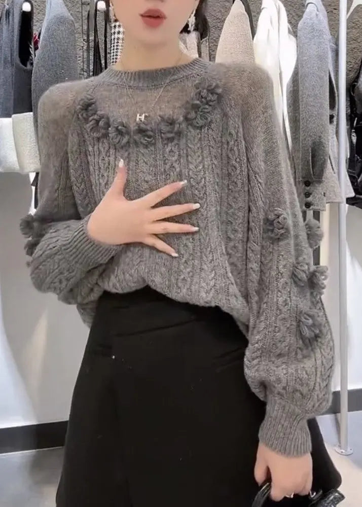 French Grey O Neck Knit Sweaters Fall