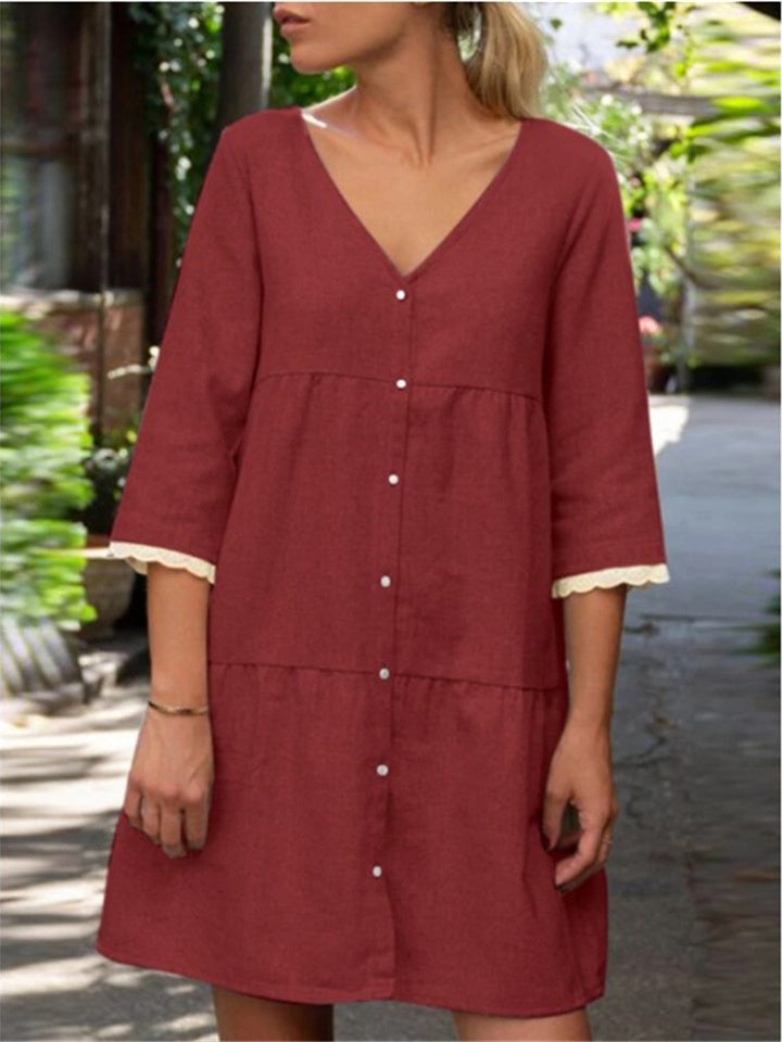 Cotton Linen Retro V-neck Lace Cuffs Seven-part Sleeve Color Dress Multi-color Models