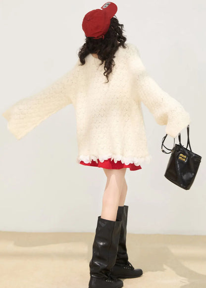 White Oversized Patchwork Knit Short Sweater Winter