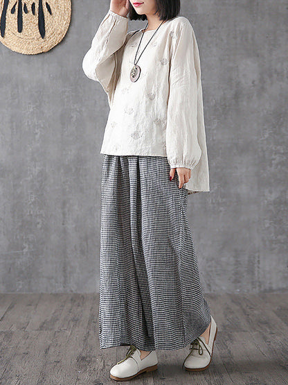 Hand-made Plaid Linen Wide Leg Pants
