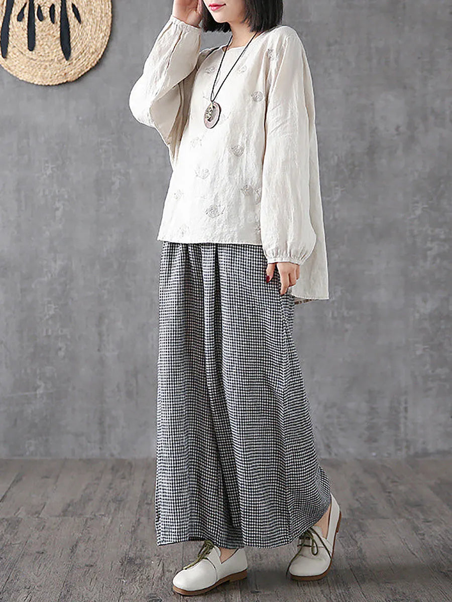 Hand-made Plaid Linen Wide Leg Pants