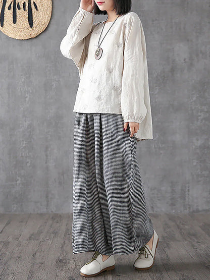 Hand-made Plaid Linen Wide Leg Pants