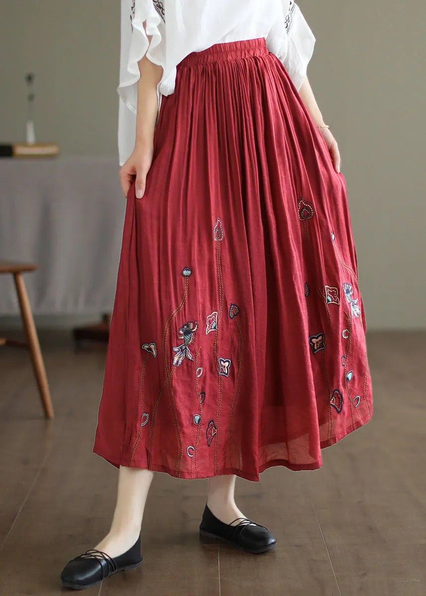 Red Linen Silk a Line Skirts Embroidered Exra Large Hem Spring