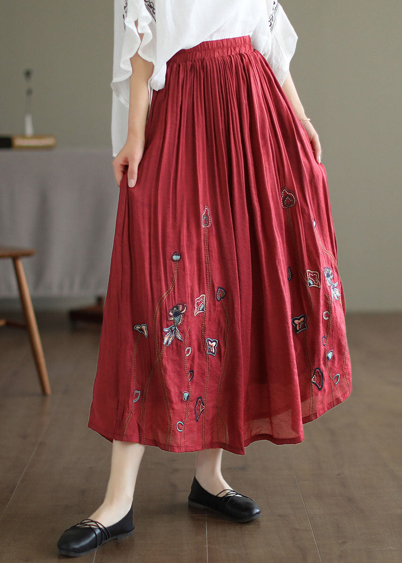 Red Linen Silk a Line Skirts Embroidered Exra Large Hem Spring