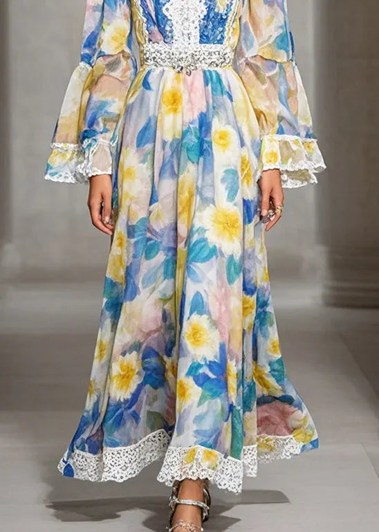 Square Collar Print Chiffon Full Dresses Fall