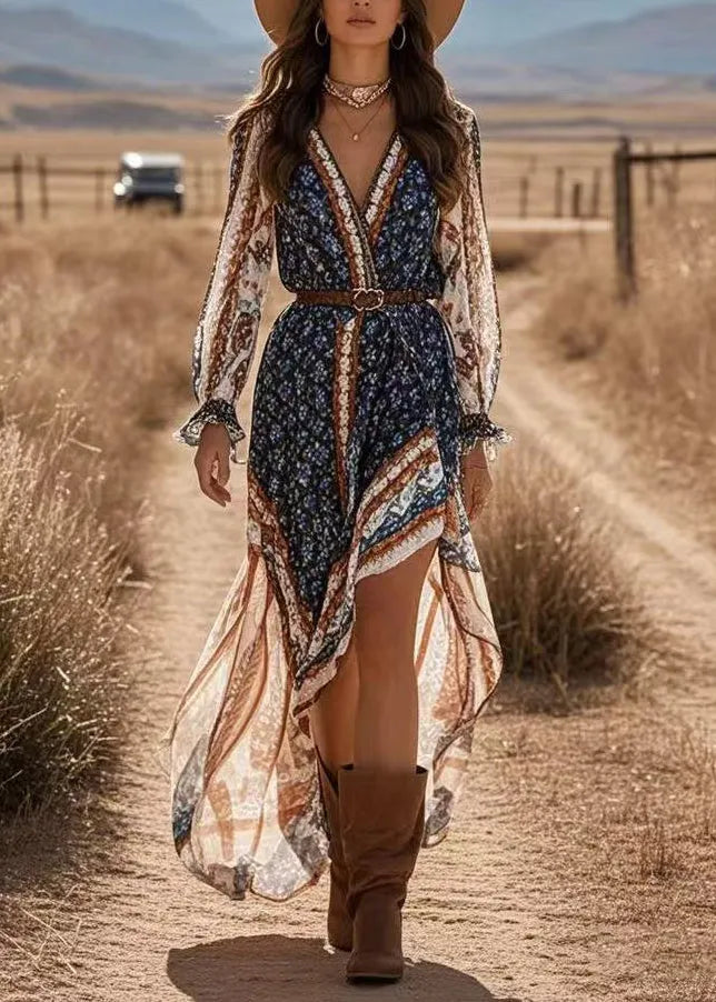 Blue V Neck Print Asymmetrical Chiffon Holiday Maxi Dress Spring