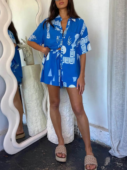Printed Shirt Lace-up Elastic Shorts Set