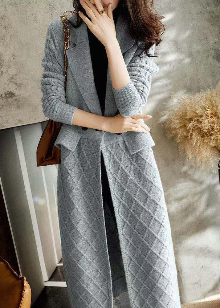 Fitted Grey Notched Thick Wool Knit Maxi Coat Winter