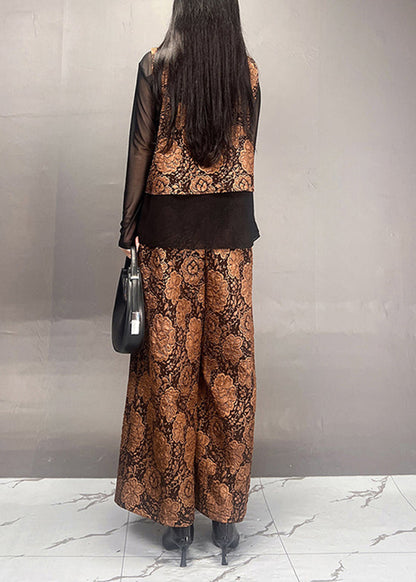 Stylish Gold Tulle Patchwork Coats and Wide Leg Pants Two Piece Set Fall