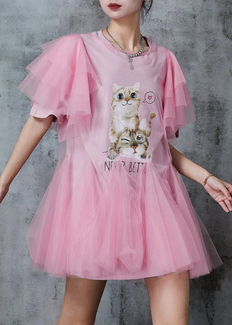 Italian Pink Cat Print Tulle Minin Dress Summer