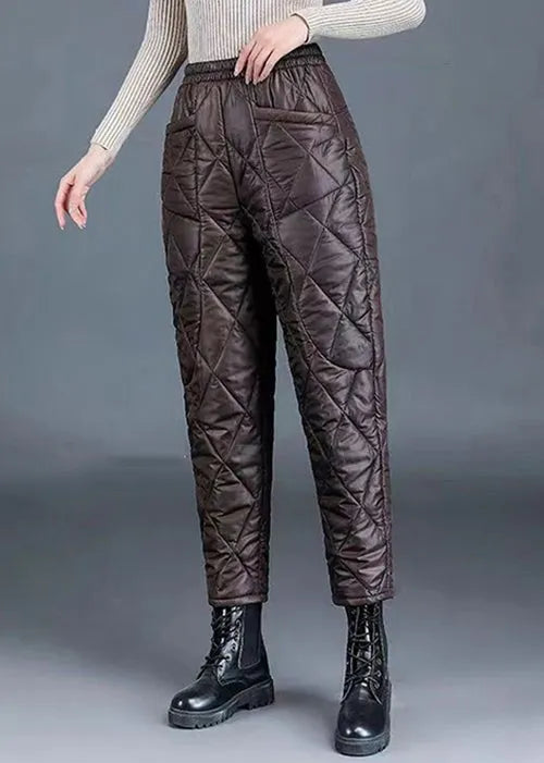 Simple Coffee Pockets Thick High Waist Fine Cotton Filled Harem Pants