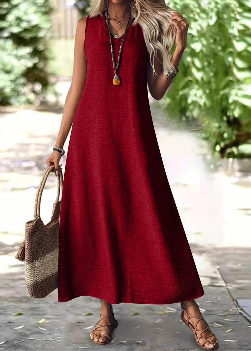 Simple Green V Neck Cotton Long Dress Sleeveless