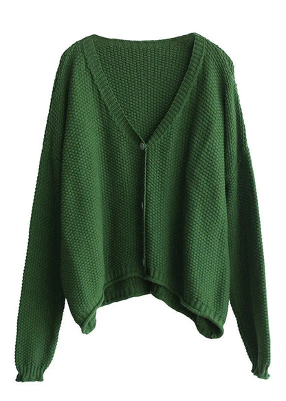 Green V Neck Button Knit Loose Cardigans Fall