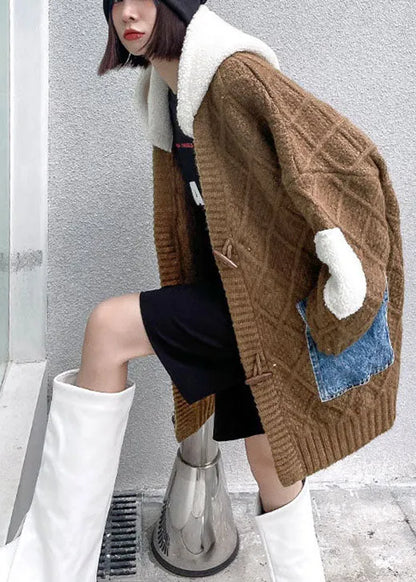 Unique Chocolate Hooded Patchwork Pockets Fall Sweaters Coat
