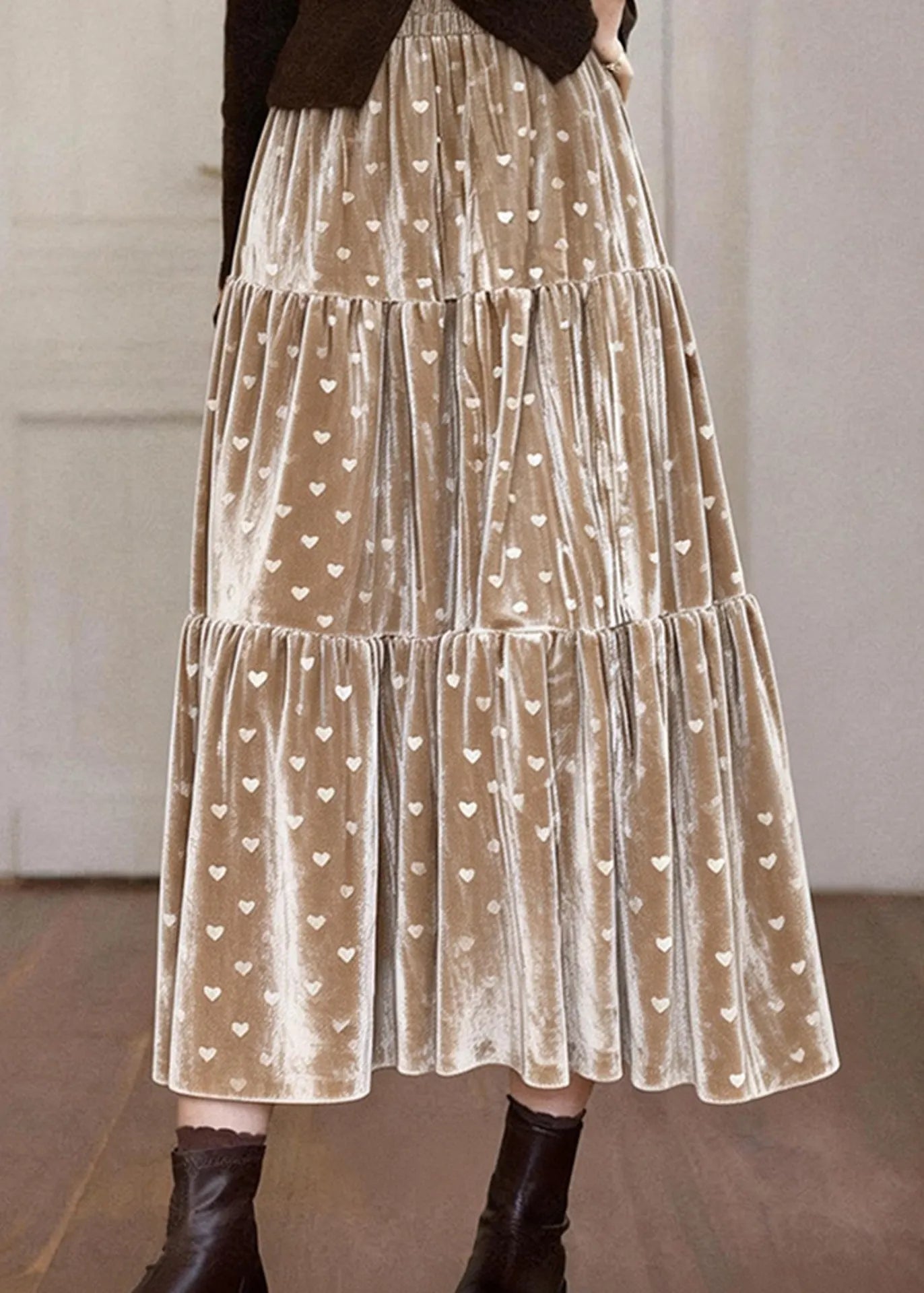 Khaki Love Print Patchwork Silk Velvet Skirts Spring