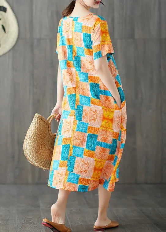 Orange Red Prints Linen Cotton Dresses O Neck Dresses Summer Dresses