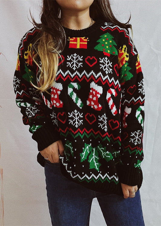 Loose Black O Neck Jacquard Christmas Knit Sweaters Winter