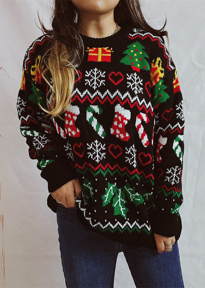 Loose Black O Neck Jacquard Christmas Knit Sweaters Winter