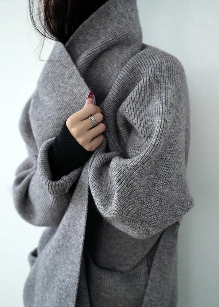 Grey Pockets Tie Waist Knit Loose Cardigans Spring