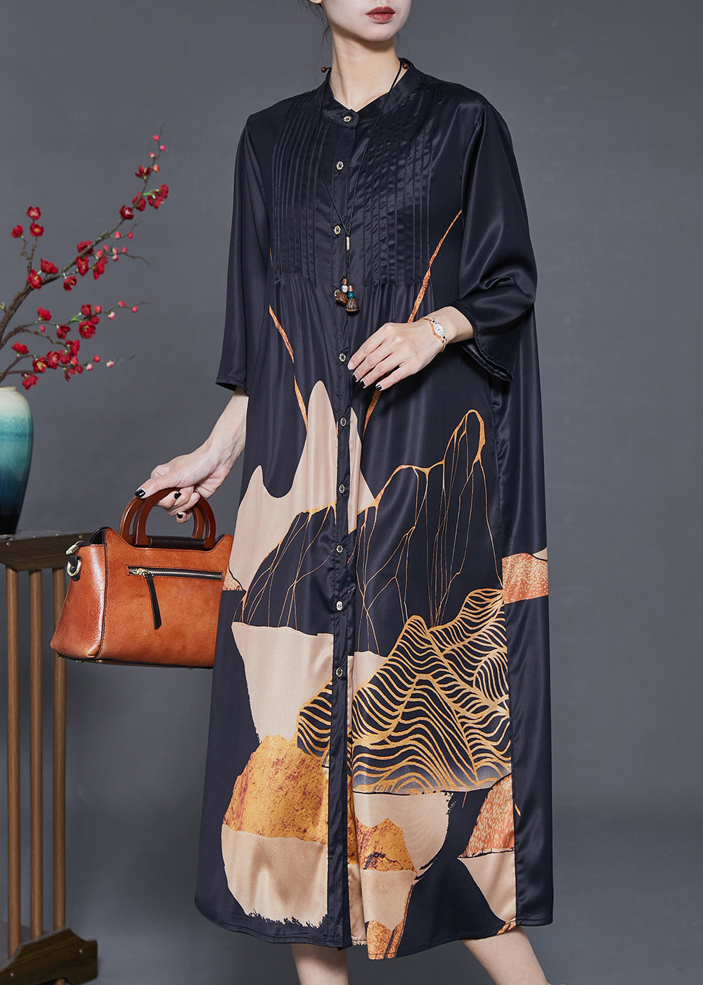 Black Print Wrinkled Silk Shirt Dress Summer