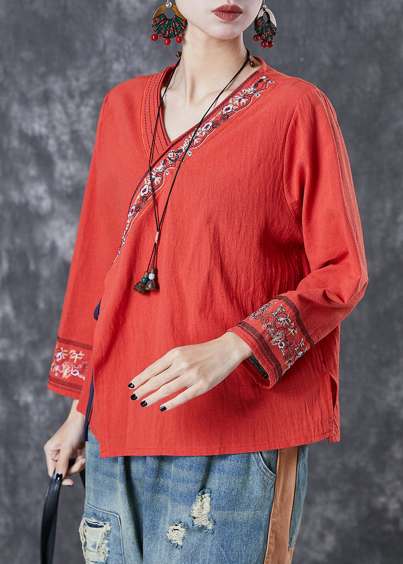 Red Embroidered Lace Up Linen Blouse Top Summer