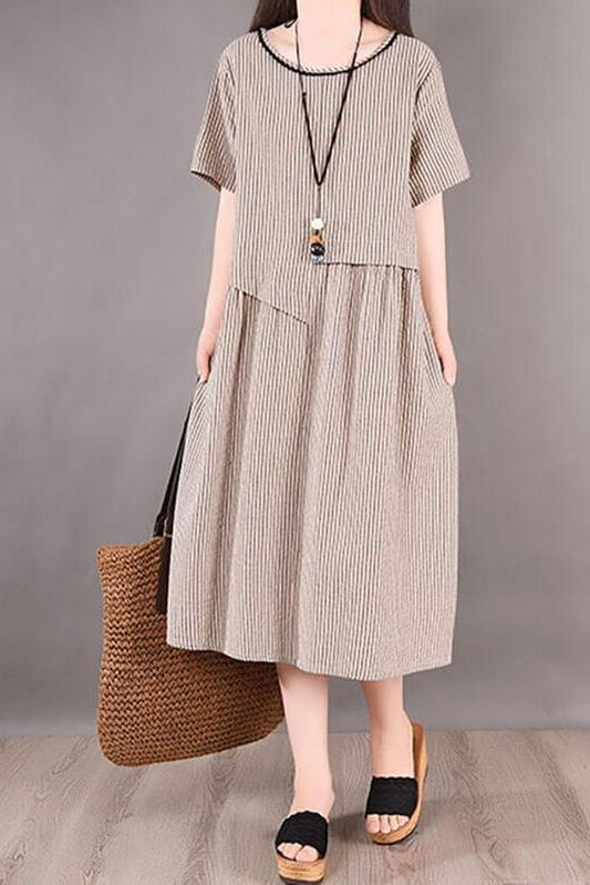 Cotton Irregular Stripes Short Sleeve Midi Dress
