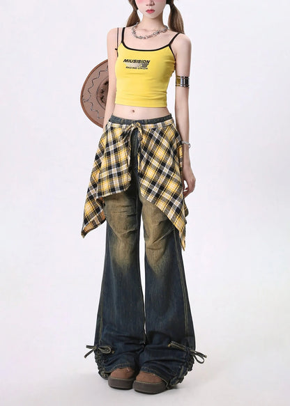 Navy Cinched Exra Large Hem Denim Flared Trousers Pants Spring