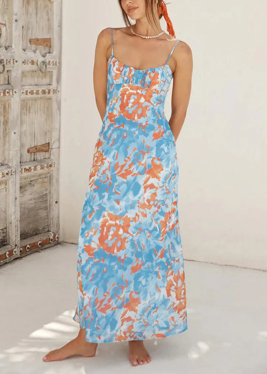 French Light Blue Print Cotton Spaghetti Strap Dress Summer