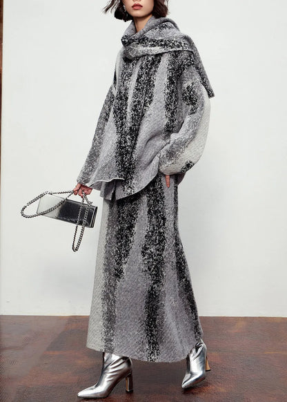 Natural Grey Button Cotton Knit Scarf,cardigans and Maxi Skirtsthree Pieces Set Winter