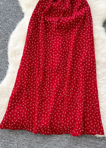 Red Cinched Print Cotton Spaghetti Strap Dress Dress Summer