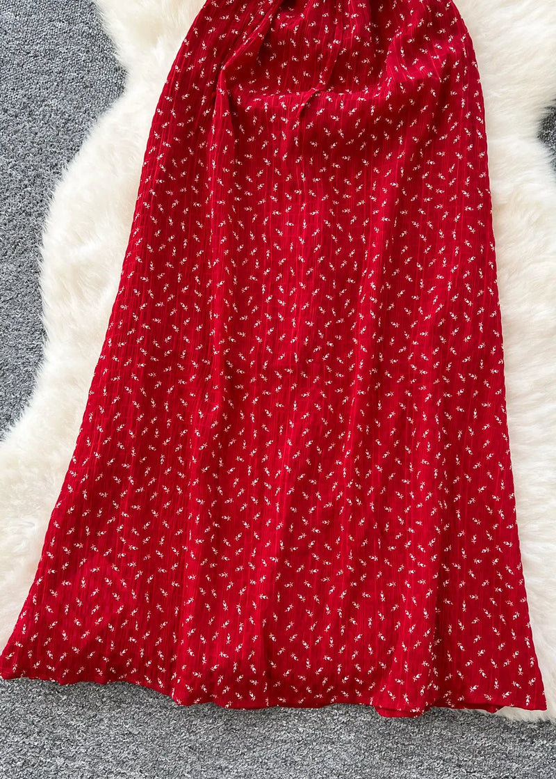 Red Cinched Print Cotton Spaghetti Strap Dress Dress Summer