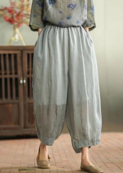 Grey Patchwork Linen Tops and Pants Two Pieces Set O Neck Summer