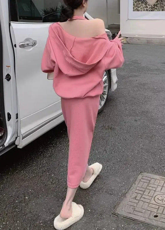 Loose Pink Hooded Pockets Tops and Dress Cotton Two Pieces Set Spring